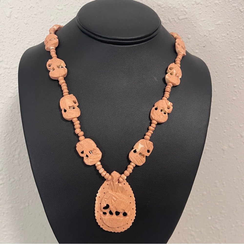 Vintage Necklace Elephant Carved Stone Pakistan Statement Pendant